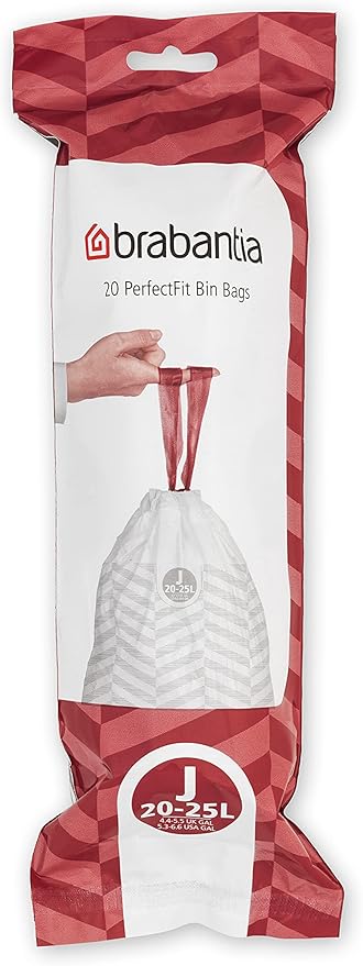 Brabantia PerfectFit Trash Bags (Size J/5.3-6.6 Gal) Thick Plastic Trash Can Liners with Drawstring Handles (120 Bags)