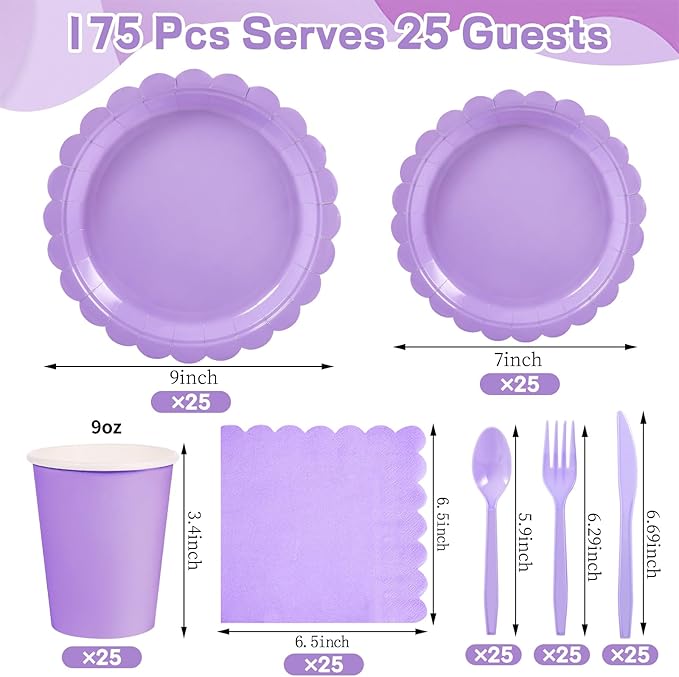 175 Pcs Lavender Paper Plates and Napkins, Light Purple Party Supplies Include Scalloped Party Plates Napkin Cup Plastic Cutlery for Girls Birthday, Bridal Baby Shower, Wedding