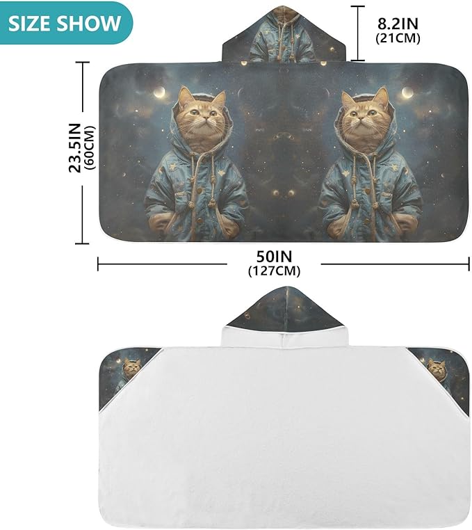 Hooded Towel for Kids Cat Standing in Space Beach Wrap Bath Towels 50x23.5in