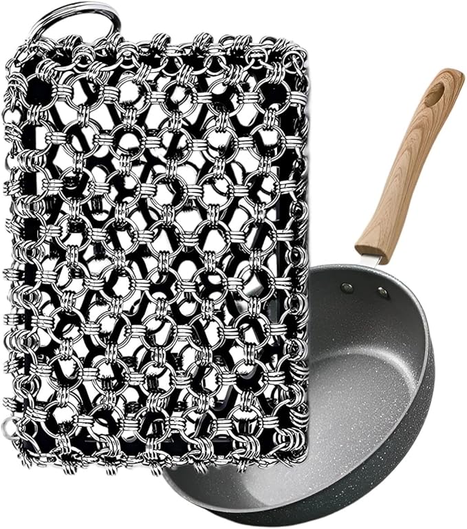 NTMY 316 Stainless Steel Pan Cleaner with Silicone Core – 4.5 Inch Dish Pot Brush,Cast Iron Scrubber, Metal Dish Scrubber,Chain Mail Scrubber for Oven&Grill Kitchen Cleaning Black