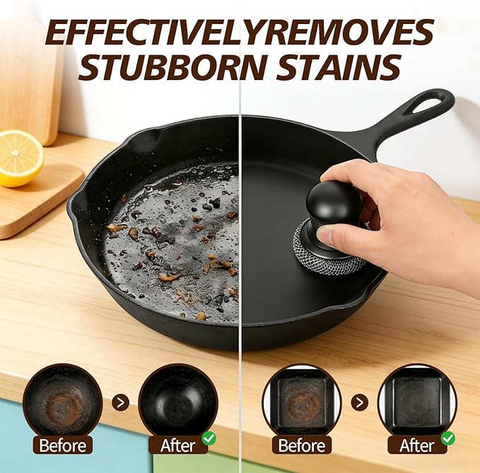 316 Upgraded Cast Iron Scrubber with Pan Scraper,Cast Iron Cleaner for Grill Pan Skillet Wok Carbon Steel,Ergonomic to Hold Easy to Use Dishwasher Safe ((Small Chainmail,2pcs))