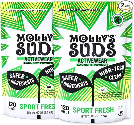 Molly's Suds Active Wear Laundry Detergent | Extra Strength Sport Laundry Powder, Stain Fighting for Performance Fabrics and Sensitive Skin | 240 Load (2 Pack)