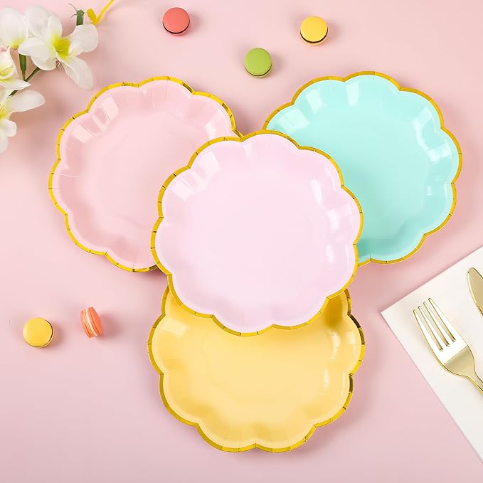 AimFun 24 Pcs Pastel Scalloped Paper Plates 7 Inch Disposable Macaron Colorful Dessert Plates with Gold Edge Gradient Rainbow Party Supplies for Wedding Birthday Baby Shower Bridal Summer Decorations