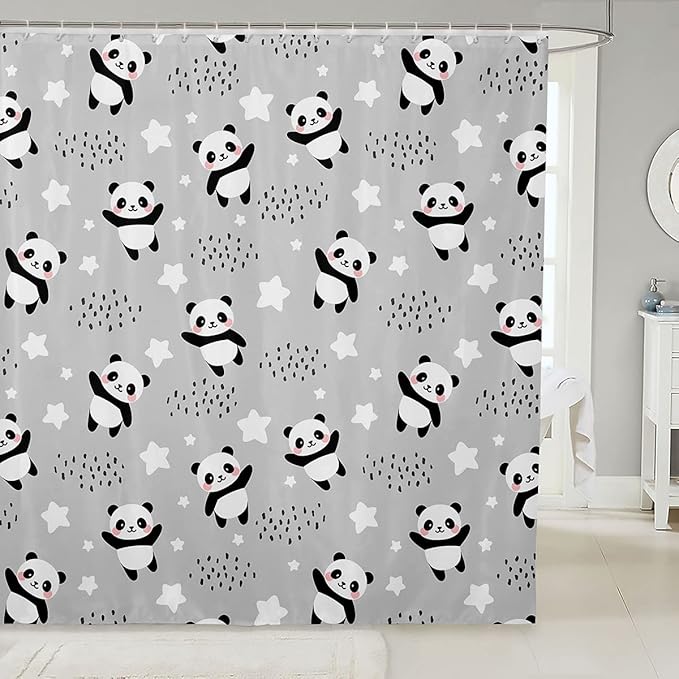 Homewish Cute Panda Shower Curtain Kawaii Animals Bathroom Shower Curtain Set for Kids Adult Black White Gray Bath Curtain Cartoon Panda Waterproof Curtains Room Decor 72 x 72 Inch