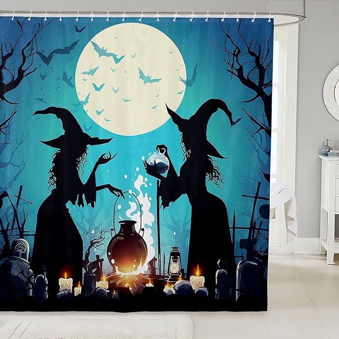 Feelyou Halloween Shower Curtain Kids Witch Bathroom Shower Curtain Set for Teens Orange Pumpkin Lantern Printt Bath Curtain Waterproof Mystery Graveyard Branches Kids Bathroom Accessories 72"x84"