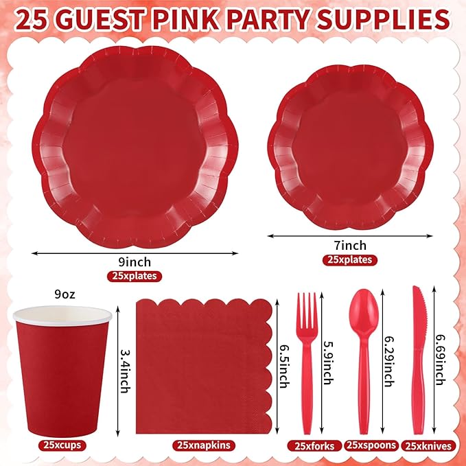 NatNarr 175 Pcs Red Paper Plates and Napkins Set Include 9" Dinner Plates, 7" Dessert Plate Disposable Scalloped Tableware Serve 25 Guest for Wedding Baby Shower Bridal Shower Birthday