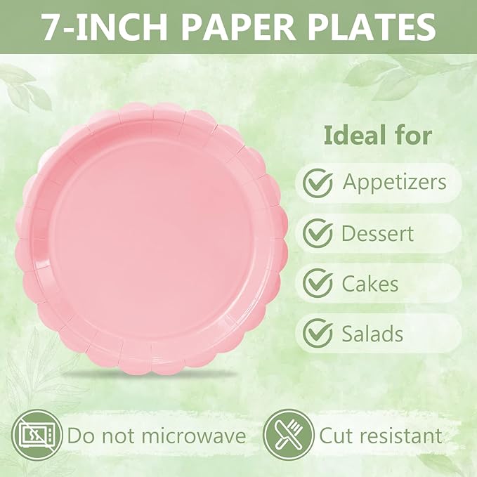 Mulbozy 75 Pink Plates and Napkins Disposable Set Includes 25 Dessert Cake Scalloped Plates, Cocktail Napkins & Forks, for Fork 25 Guests Holiday Party Supplies.