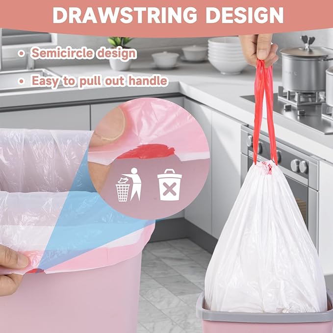 4 Gallon Small Trash Bags Drawstring - Clear White Garbage Bag 5 Rolls 125 Count No Scented Thick Durable Strong Mini Plastic Can Liners for Kitchen Offic or Outdoor Hiking