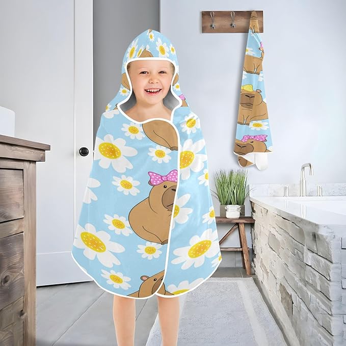 CEBUGI Cartoon Capybaras Hooded Bath Towel for Kids Absorbent Soft Bath Towel Wrap with Hood 50x23.5in Pool Beach Shower Towel for Boys Girls