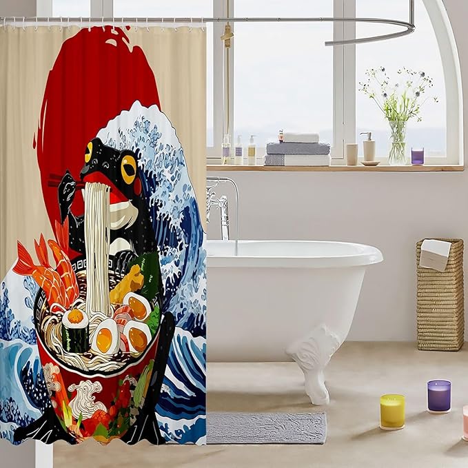 Japanese Frog Shower Curtain Set,Japanese Lamian Noodles Bathroom Curtain ,Kids Boys Teens Retro Vkiyoe Sunset Wave Waterproof Fabrics Funny Anime Style Bathtub Decor with 12 Hooks,72"W x 78"L