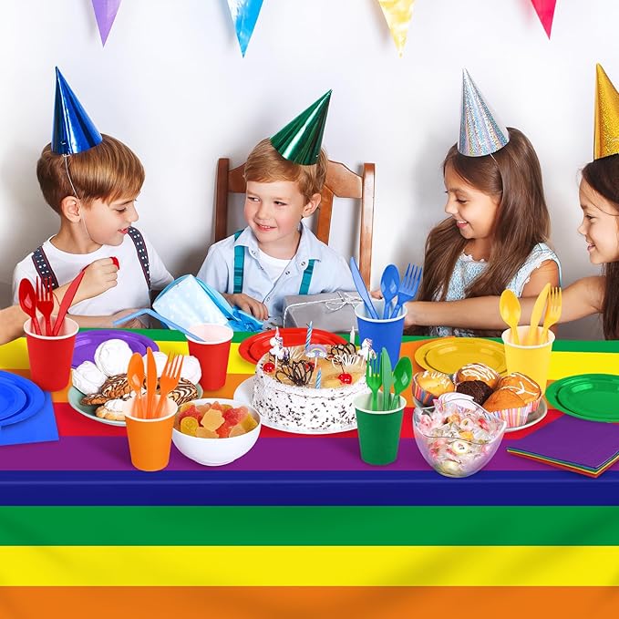 Kochorie 169 Pieces Rainbow Party Supplies Disposable Dinnerware Set Include Plates and Cups Napkins Plastic Forks Knives Spoons Tablecloth for Wedding Birthday Party Decorations, Serve 24 Guests