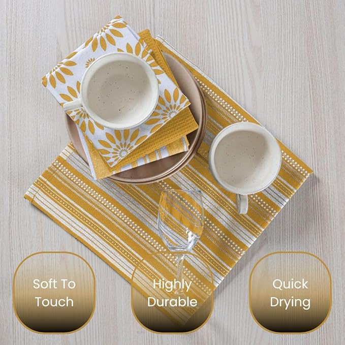 Assorted Kitchen Towels 16x26 inch 100% Cotton Set of 5 - Soft Absorbent Washable Tea Towel for Kitchen - Dish Cloths Towel with Hanging Loop - Quick Drying Dish Towels Mustard Yellow