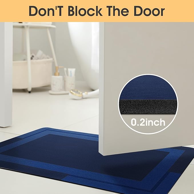ACCUMTEK Non Slip Bath Mat, Thin Bathroom Rugs Fit Under Door, Quick Dry Bath Mats, Machine Washable Bath Rugs for Bathroom, Bathtub & Kitchen, Bathtub,Dark Blue/Bordered/3 Piece