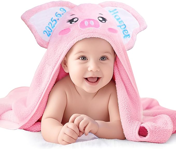 Custom Hooded Baby Towel with Name, Personalized Soft Absorbent Piggy Bath Towel, Shower Towels for Girls Boys, Easter Brithday for Kids Baby, Toddler, Newborn Essential