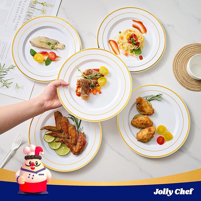 JOLLY CHEF 200 Pieces Gold Plastic Plates, 10 Inch Elegan Disposable Plates White Plate with Gold Rim,Plastic Plates for Christmas、Birthdays and Weddings