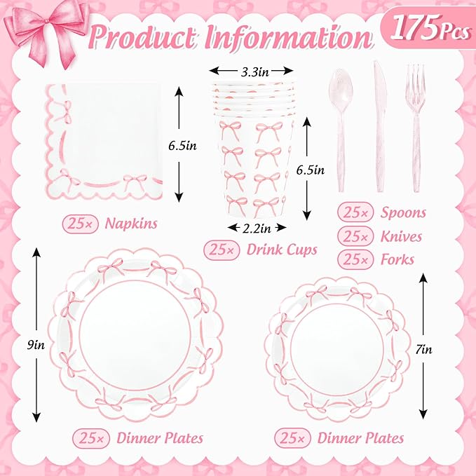 JarThenaAMCS 175Pcs Pink Bow Party Supplies Kit Scalloped Bowknot Tableware Set Disposable Dinnerware Paper Napkin Plate Cup Spoon Fork Knife for 25 Guests Party Favor