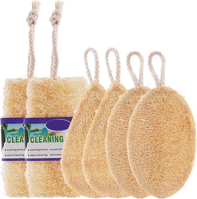Natural Loofah Dish Sponge Pack 6 Vegetable Scrubber for Kitchen -100% Biodegradable Compostable Dishwashing Scouring Pad Zero Waste Plastic Free Eco Friendly Sustainable