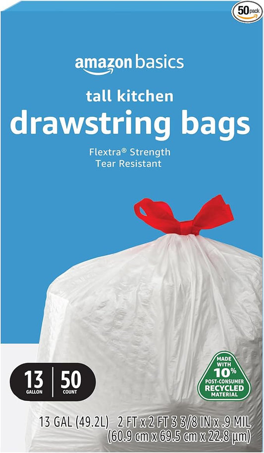 Amazon Basics 13 Gallon Tall Kitchen Drawstring Trash Bags, Flextra Strength, Tear Resistant, 10% Post Consumer Recycled, 50 Count, White