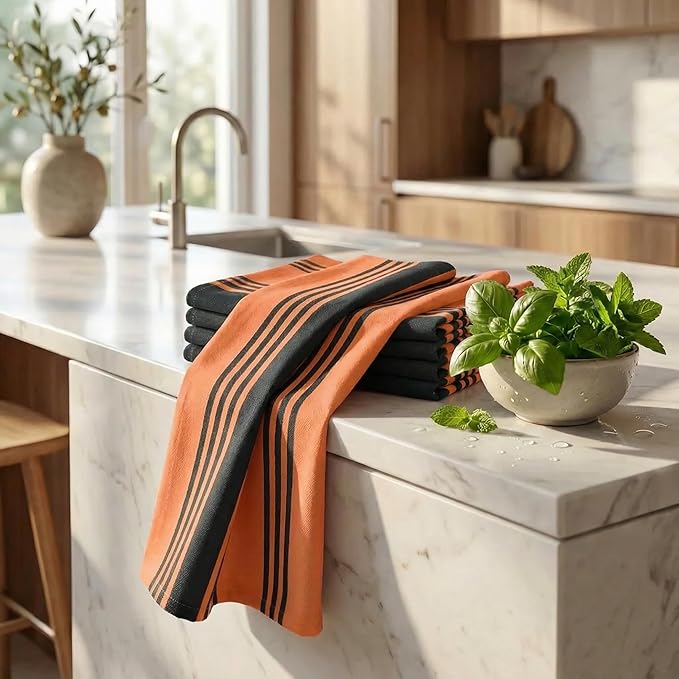 Urban Villa Halloween Kitchen Towels 100% Cotton Set of 6 Dish Towels - 20x30 Inches Highly Absorbent Quick Drying Dish Towels for Kitchen with Hanging Loop Hand & Tea Towels (Orange & Black Striped)