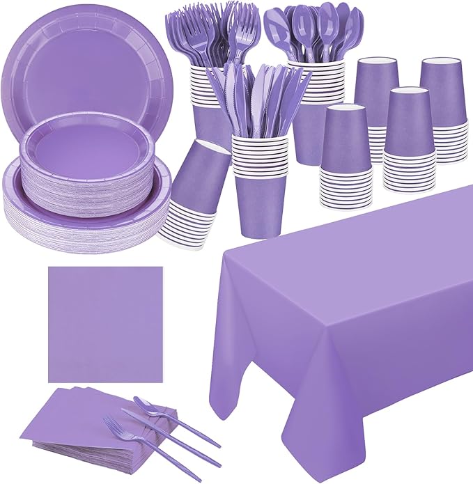 229PCS Purple Party Supplies Set Paper Disposable Plates Cups Plastic Spoons Forks Knives Purple Napkins for 30 Guests Disposable Party Dinnerware Sets for Wedding Birthday Parties