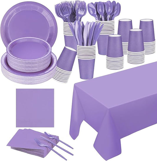 229PCS Purple Party Supplies Set Paper Disposable Plates Cups Plastic Spoons Forks Knives Purple Napkins for 30 Guests Disposable Party Dinnerware Sets for Wedding Birthday Parties