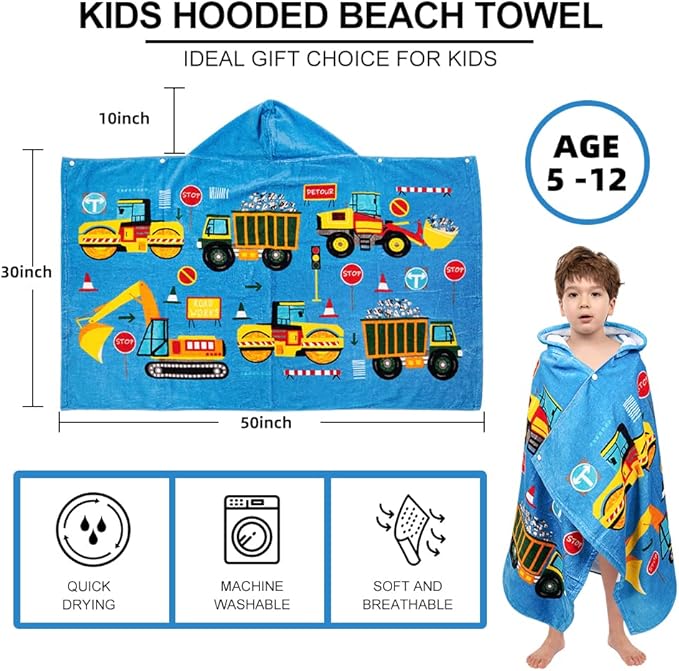 Florica Kids Hooded Bath Beach Towel Girls Boys, Super Absorbent & Soft Towel Poncho for Shower/Beach/Pool Child Cover ups 50"x30" Large Towel Wrap (Blue Vehicle)