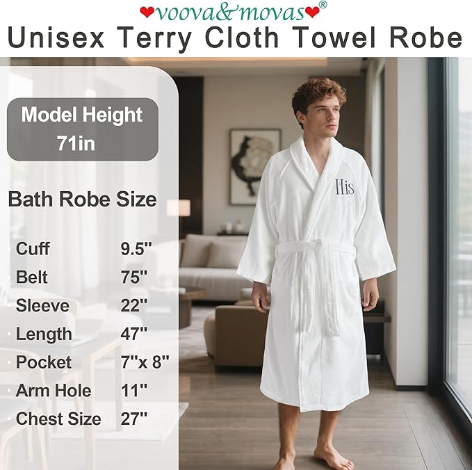 VOOVA & MOVAS Towel Robe for Men,Premium 100% Cotton Terry Shawl Collar Super Absorbent Bathrobe, Ideal Bathroom Robe,White with His