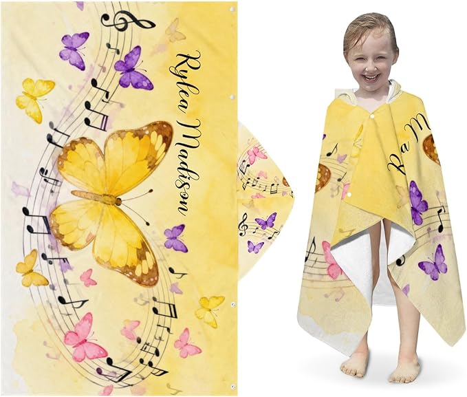 Yellow Butterfly Music Personalized Hooded Towel Absorbent Wrap Soft Pool Beach Bath Towels Hood Poncho for 5-12 Years Kids Boys Girls