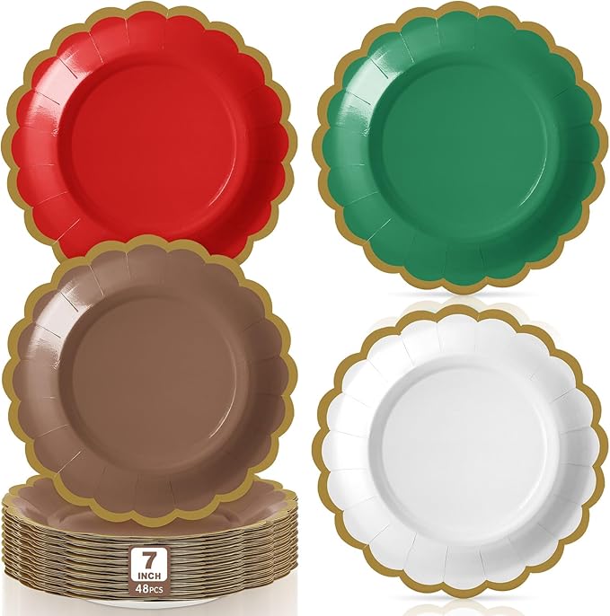 48 Pcs Christmas Paper Plates 7 Inch Red Green White Dessert Scalloped Edge Disposable Dinner Plates for Fall Halloween Wedding Birthday Baby Shower Party Supply
