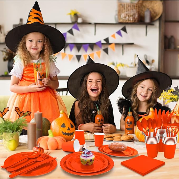 Orange Paper Plates Party Supplies,168pcs Orange Plates and Napkins Party Supplies for Halloween Thanksgiving Fall Orangee Birthday Decorations for Women Serve 24