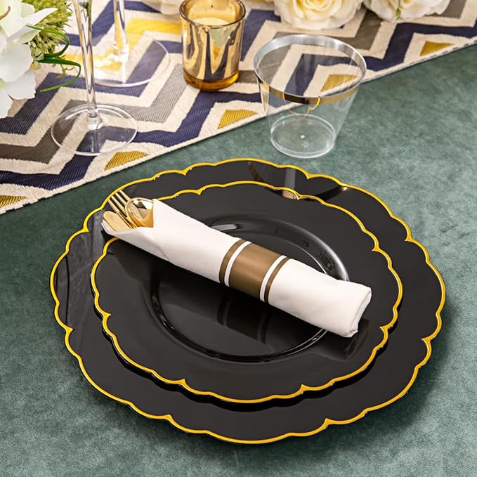 Morejoy 175PCS Black and Gold Plastic Plates, Black Plastic Dinnerware Set for 25 Guests,Include 25 Dinner Plates, 25 Dessert Plates, 25 Cups, 25 Pre Rolled Napkins with Gold Silverware for Party