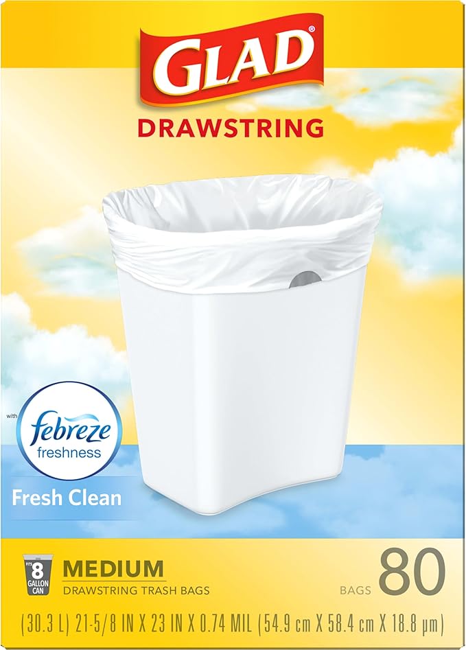 Glad Medium Trash Bags, 8 Gallon, Febreze Fresh Clean Garbage Bags, With Odor Control and Drawstring, 80 Count (Pack of 12)