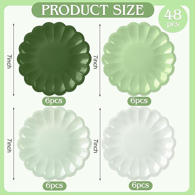 AimFun 48Pcs Sage Green Paper Plates Gradient Green Disposable Party Plates 7.5 Inch Round Dessert Plates for Bridal Baby Shower Birthday St Patricks Day Party Supplie