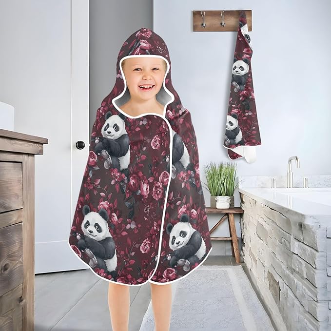 Hooded Beach Towel for Kids Cartoon Panda Burgundy Hooded Towels for Boys Soft Bath Towels with Hood
