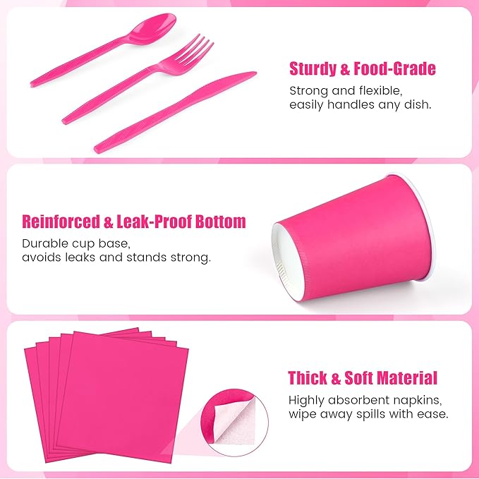 Kochorie 350 Pieces Hot Pink Dinnerware Set, 7 & 9 inch Dessert Paper Plates Cups Napkins Plastic Cutlery Disposable Party Supplies for Birthday Baby Shower Wedding, Serve 50 Guests