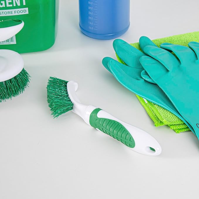 Restaurantware Grout Brush 100 Pack of 9 Tile Scrubbing Brush Stiff Bristle Ergonomic Handle Angled Head Narrow Design Green and White Plastic Cleaning Tool