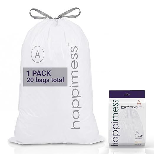 happimess 8 Gallon (30L) Drawstring Trash Bags, Unscented, White, Heavy Duty LDPE Liners for Kitchen and Household, Custom Fit 20 Count (1 Packs of 20 Liners) HPM3000A-W-1SET