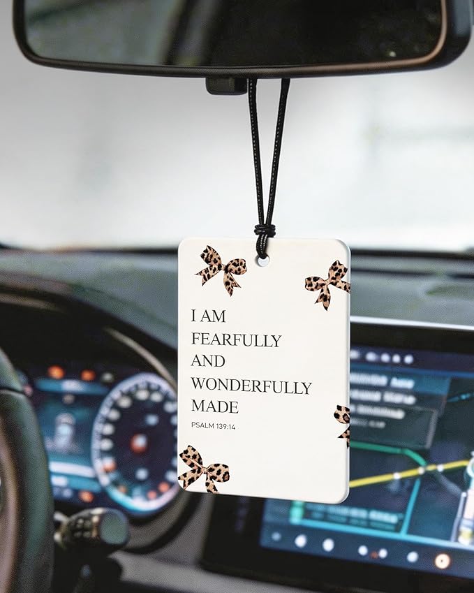 Coquette Cheetah Bow Christian Orange Citrus Car Air Freshener 4pcs, Girly Preppy Y2k Leopard Bow Religious Bible Verse Hanging Scents Car Accessories Interior Mirror Decor for Women