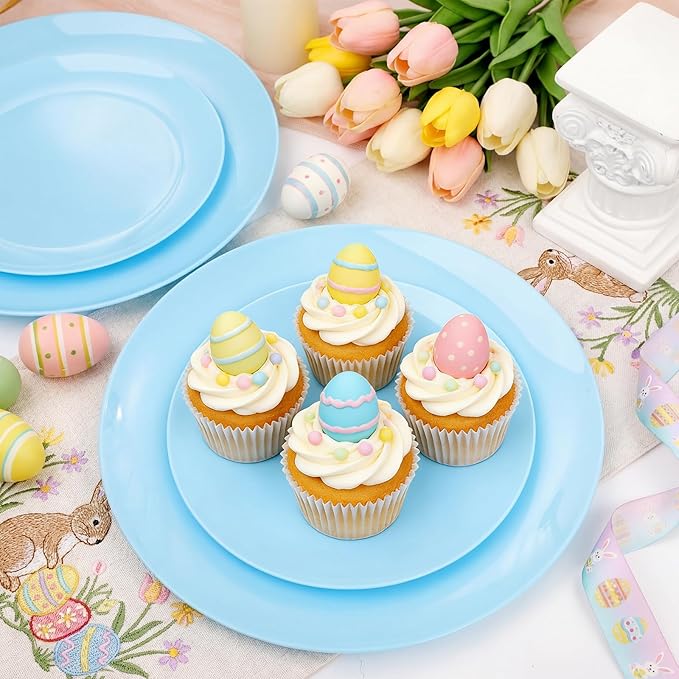 KIRE 60PCS Blue Plastic Plates Disposable - Heavy Duty Light Blue Plates Include 30Pcs 10.25” Dinner Plates and 30Pcs 7.5” for Dessert/Salad in Baby Shower/Picnic/Easter/Spring