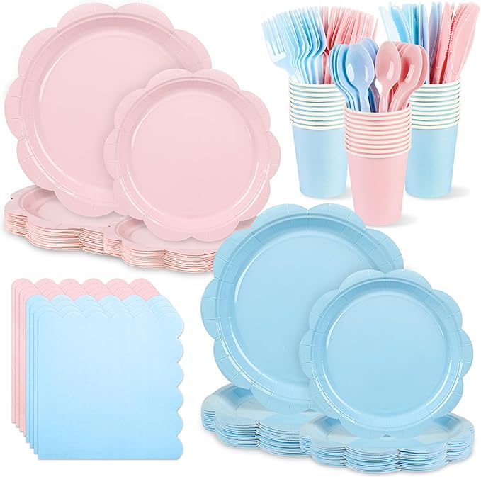 400 Pcs Baby Gender Reveal Plates and Napkins Set Party Supplies, Tableware set for 50 Guest include Pink and Blue Scalloped Plates Napkins Knives Forks Spoons Cups for Baby Shower Gender Reveal Party