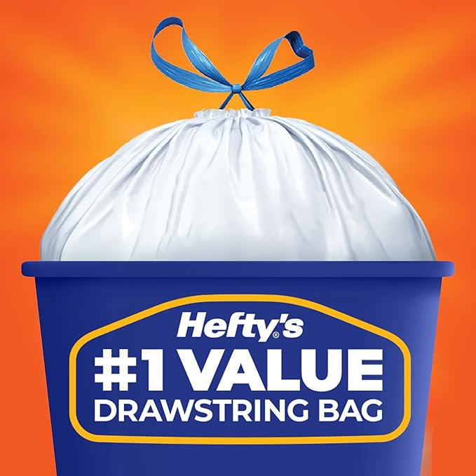 Hefty Strong White 13 Gallon Trash Bags with Drawstrings, Unscented Tall Kitchen Trash Bags, Resists Leaks, Punctures, and Tears, Durable Closure, 120 Ct. (Pack of 3)
