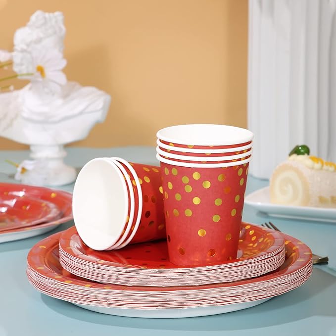168Pcs Red and Gold Party Decorations, Red Plates and Napkins Party Supplies Serve 24, for Birthday Chinese New Year, Valentines, Mardi Gras