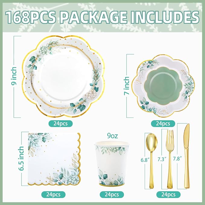 Sage Green Party Decorations, Sage Green Paper Plates and Napkins Party Supplies, Bridal Shower Plates for Birthday Baby Shower Bridal Shower Wedding Shower Baptism Garden, Serves 24