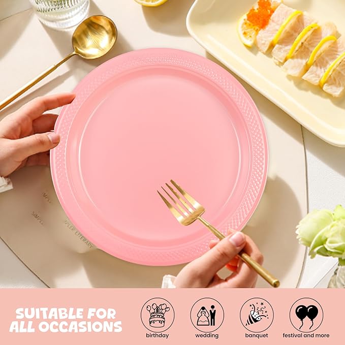 50 Count Pink Plastic Plates, 9 Inch Disposable Party Plates Dinner Plates for Birthday Wedding Party Supplies (Pink, 9 Inch)