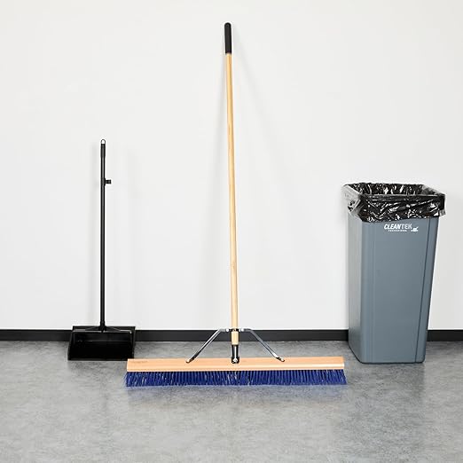 Restaurantware-Clean Tek Professional 36 Inch Push Broom, 1 Heavy-Duty Broom with 60” Handle - Medium Plastic Bristles, Durable, Wooden, Commercial Use, for Deck, Driveway, Garage, Yard, Patio