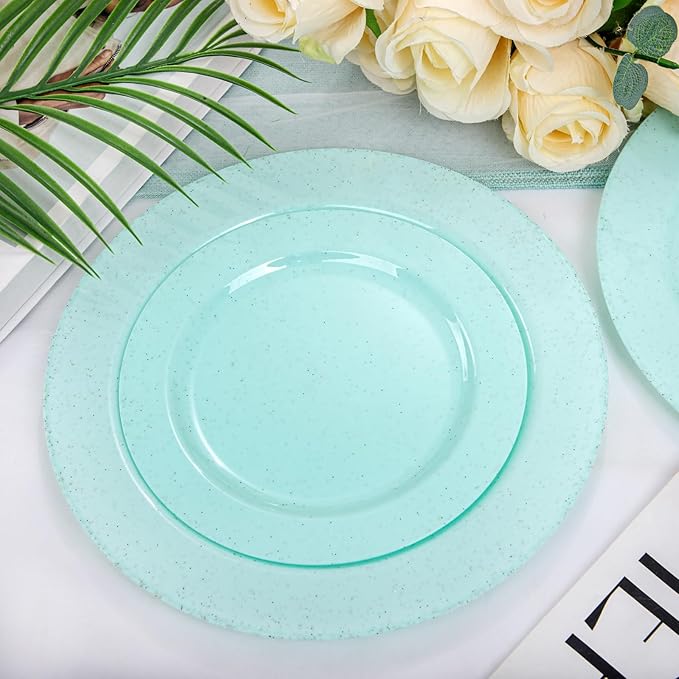 DaYammi 60Pcs Greeen Plastic Plates,Disposable Green Plates With Glitter,Granite Plastic Platos Include 30 Dinner Plate 10.25inch,30 Dessert Plate 7.5inch,Green plastic plates for Party Dinner