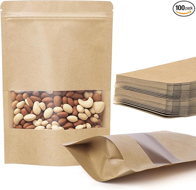 100 Pcs Kraft Paper Bags with Window, 7.1" x 10.2" Stand Up Pouches Bags, Food Storage Bags for Packaging Products, Reusable, Sealable