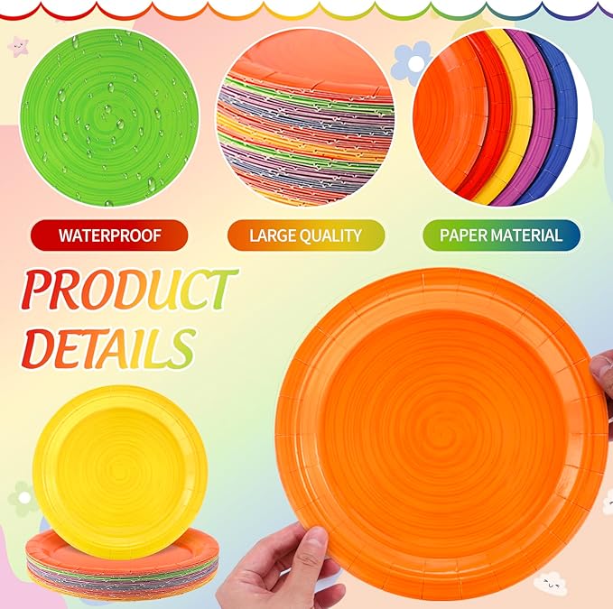 JarThenaAMCS Color Spiral Paper Plates Rainbow Party Plates Disposable Dessert Plate for All Seasons Birthday Holiday Baby Shower Picnic Supplies, 36 Pcs