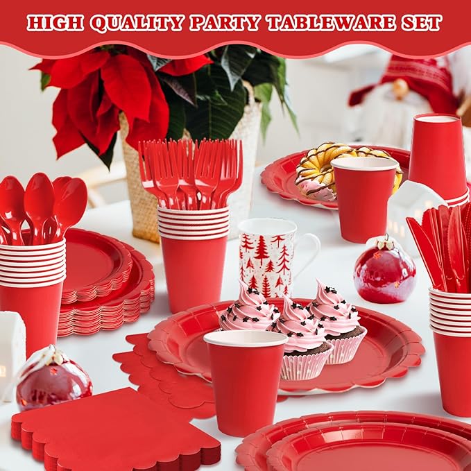 Vyntra 175 Pcs Red Disposable Paper Plates and Napkins Set for 25, 9" Dinner Plates & 7" Dessert Plates, Tableware for Christmas, Valentine’s Day, Birthday, Party