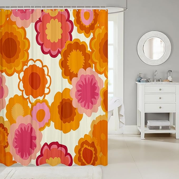 Vintage Floral Print Shower Curtain Kids Retro Hippie Flowers Bathroom Shower Curtain Set for Boys Teens Botanical Blossom Bath Curtain Waterproof 60S 70S Groovy Kids Bathroom Accessories 72"x78"